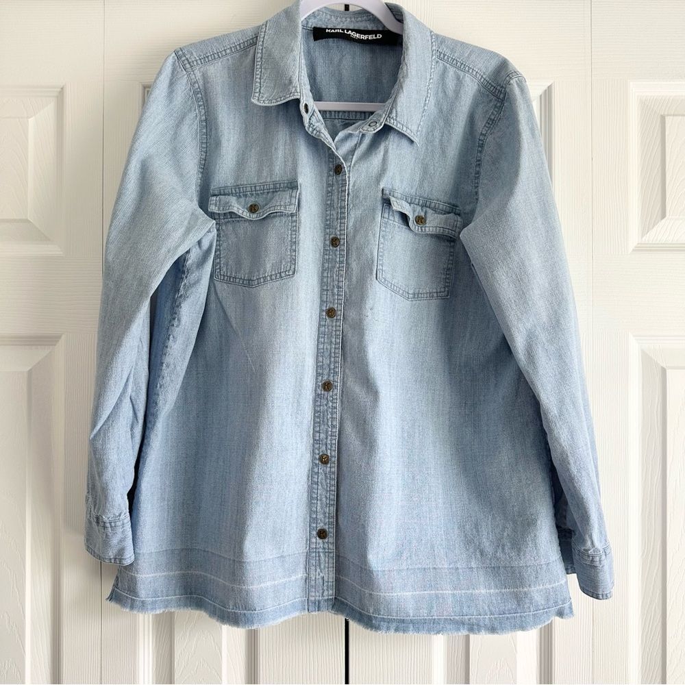 Karl Lagerfeld Paris Chambray Denim Shirt Light Wash 100% Cotton Frayed Hem